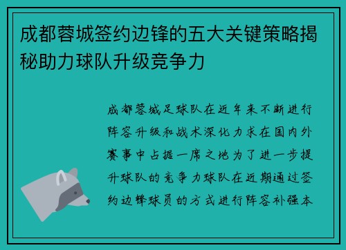 成都蓉城签约边锋的五大关键策略揭秘助力球队升级竞争力